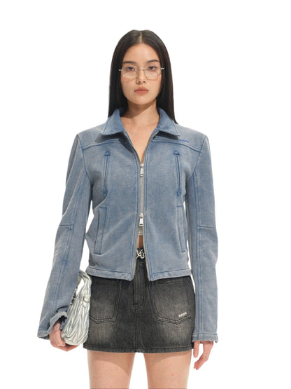 Classic Moto Collar Washed Cotton Knit Jacket