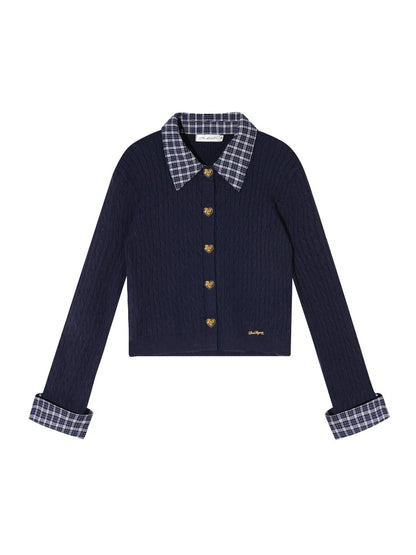 Plaid-Collar Cable Knit Top