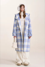 Blue Check Hooded Wool Coat