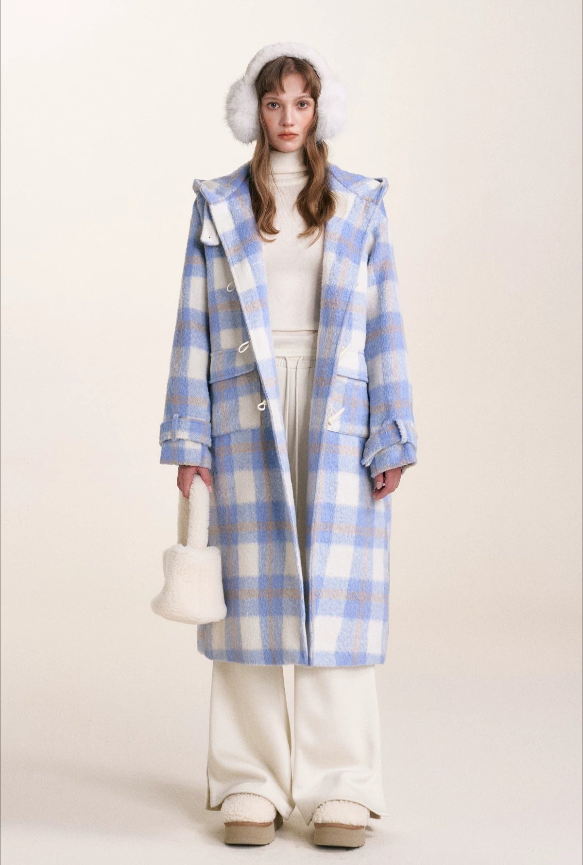 Blue Check Hooded Wool Coat