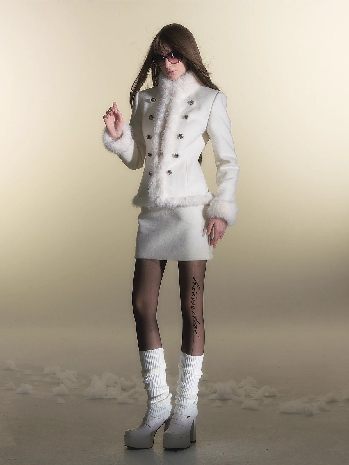 Faux Fur Double-Breasted Waist-Coated Jacket &amp; Skirt Set