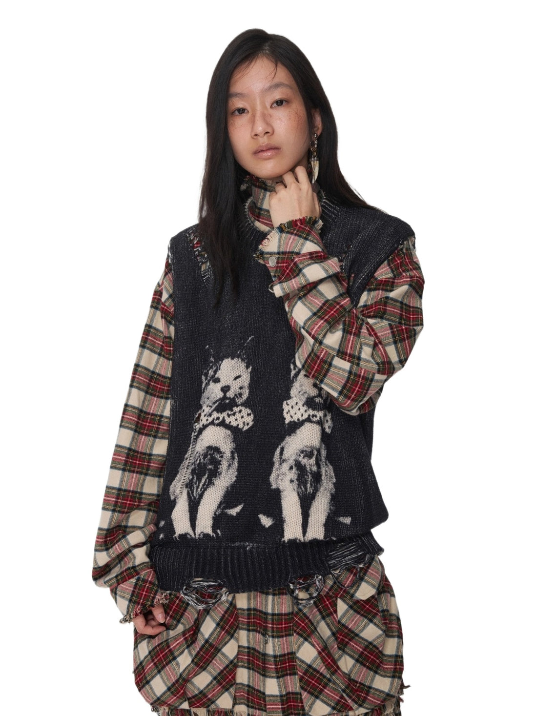 Cat Print Distressed Knit Vest
