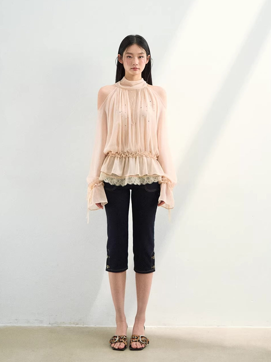 Rhinestone Sheer Chiffon Blouse