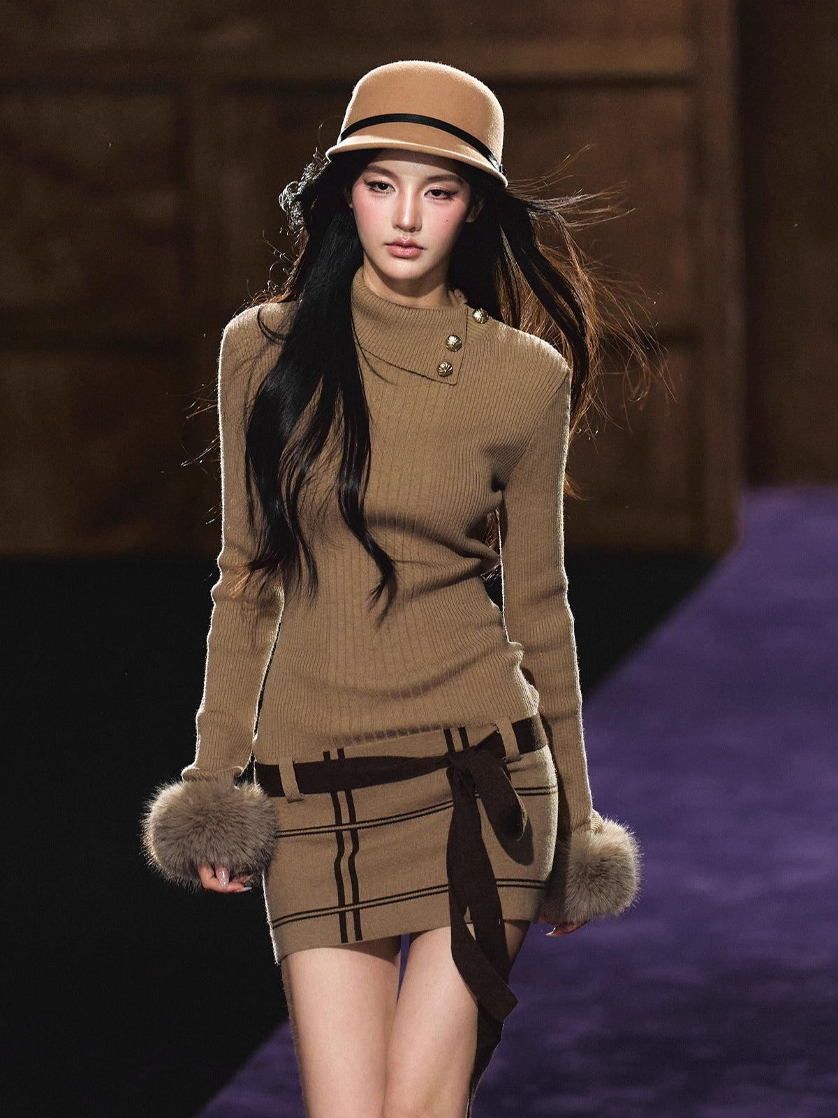 Turtleneck Fuzzy-Cuff Knit Dress