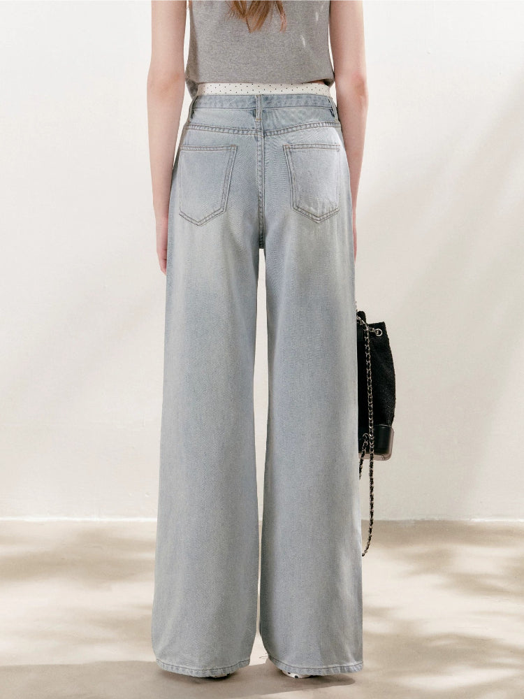 Polka-Dot Double-Wais Wide Leg Jeans