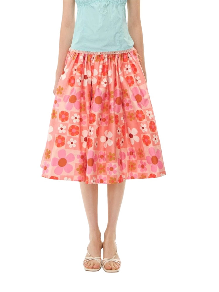 Orange Plaid Print Flare Skirt