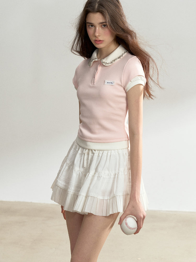 Pink Spliced Faux Two-piece T-shirt