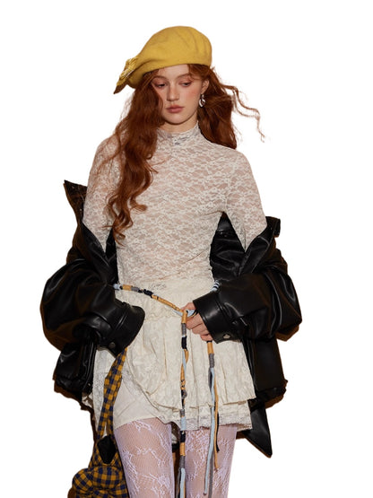 Floral Lace Ruffled Turtleneck Top