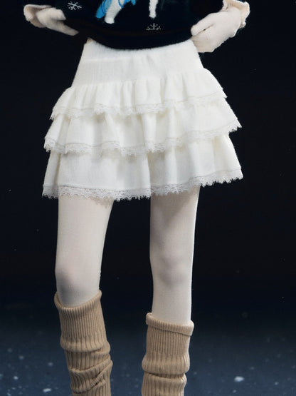 Lace-Panel Velvety Tiered Skirt