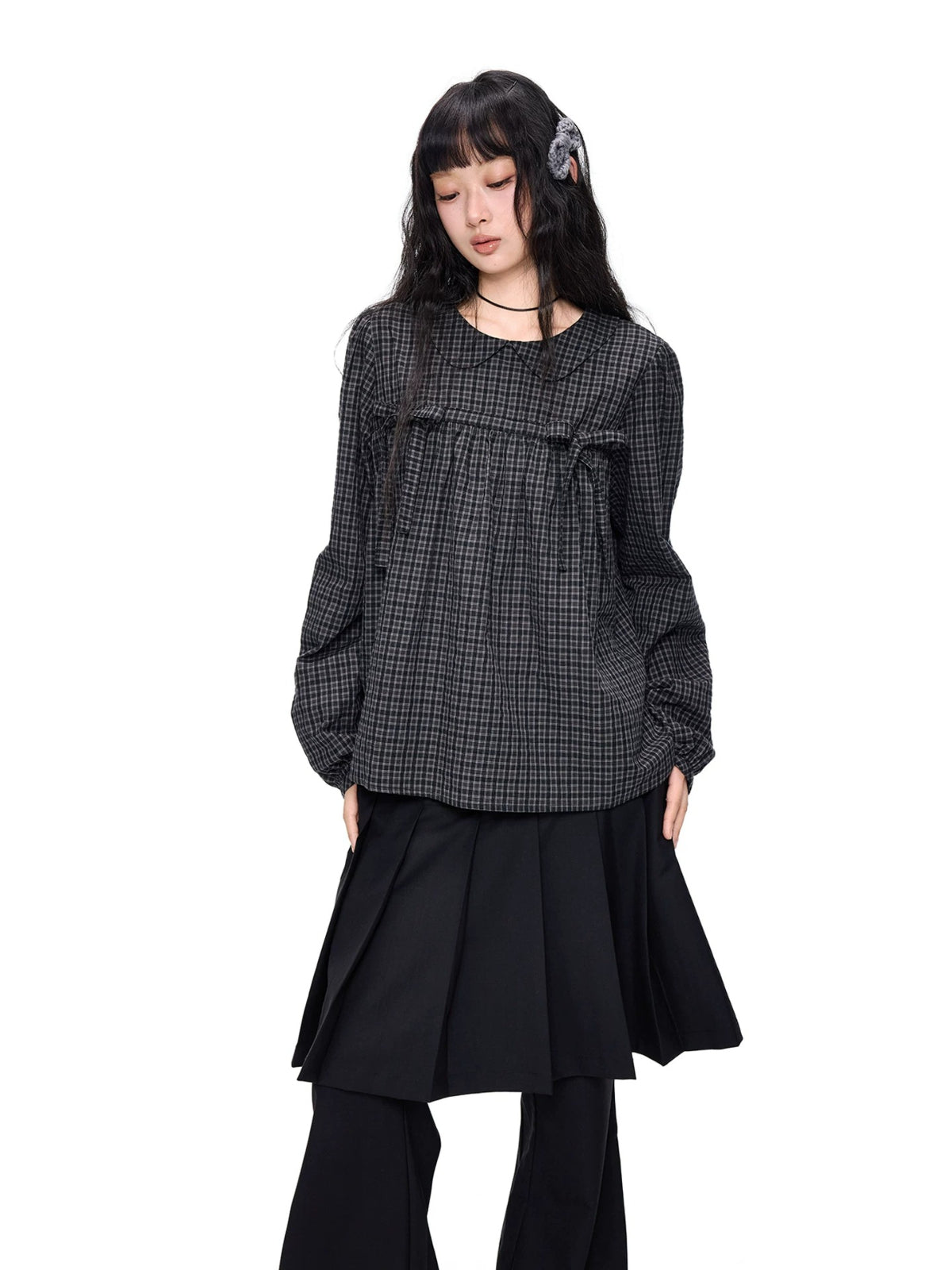 Plaid Collar Tie Blouse
