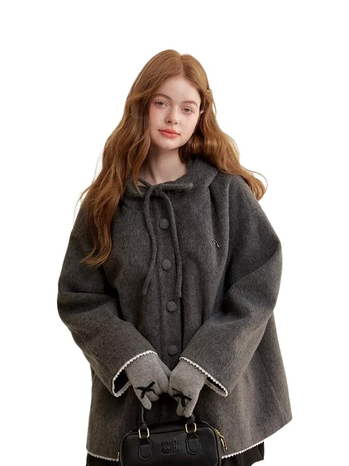 Gray Bow Hooded Cape Coat