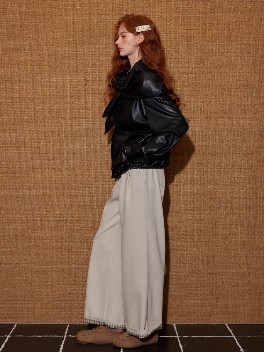 Detachable Bunny Hood Short Leather Jacket