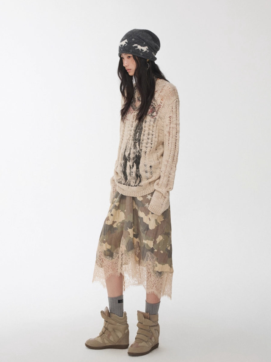 Icelandic Animal Jacquard Cutout Knit Sweater
