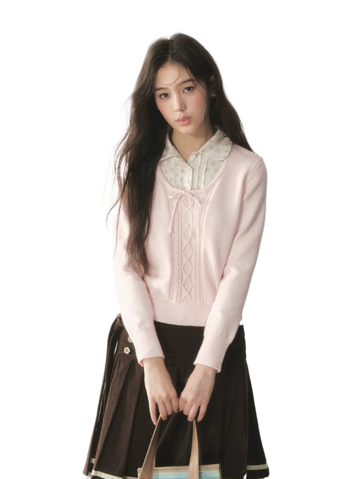 Floral Collar Bow Cable Knit Sweater
