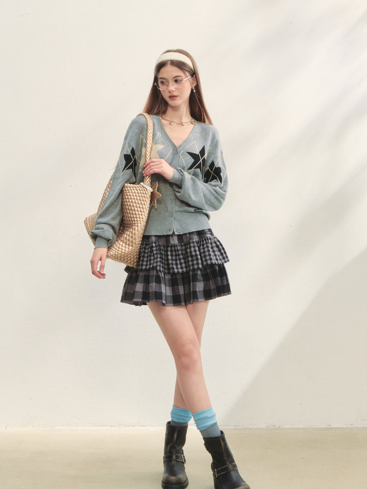 Single-breasted Star Argyle Knit Cardigan