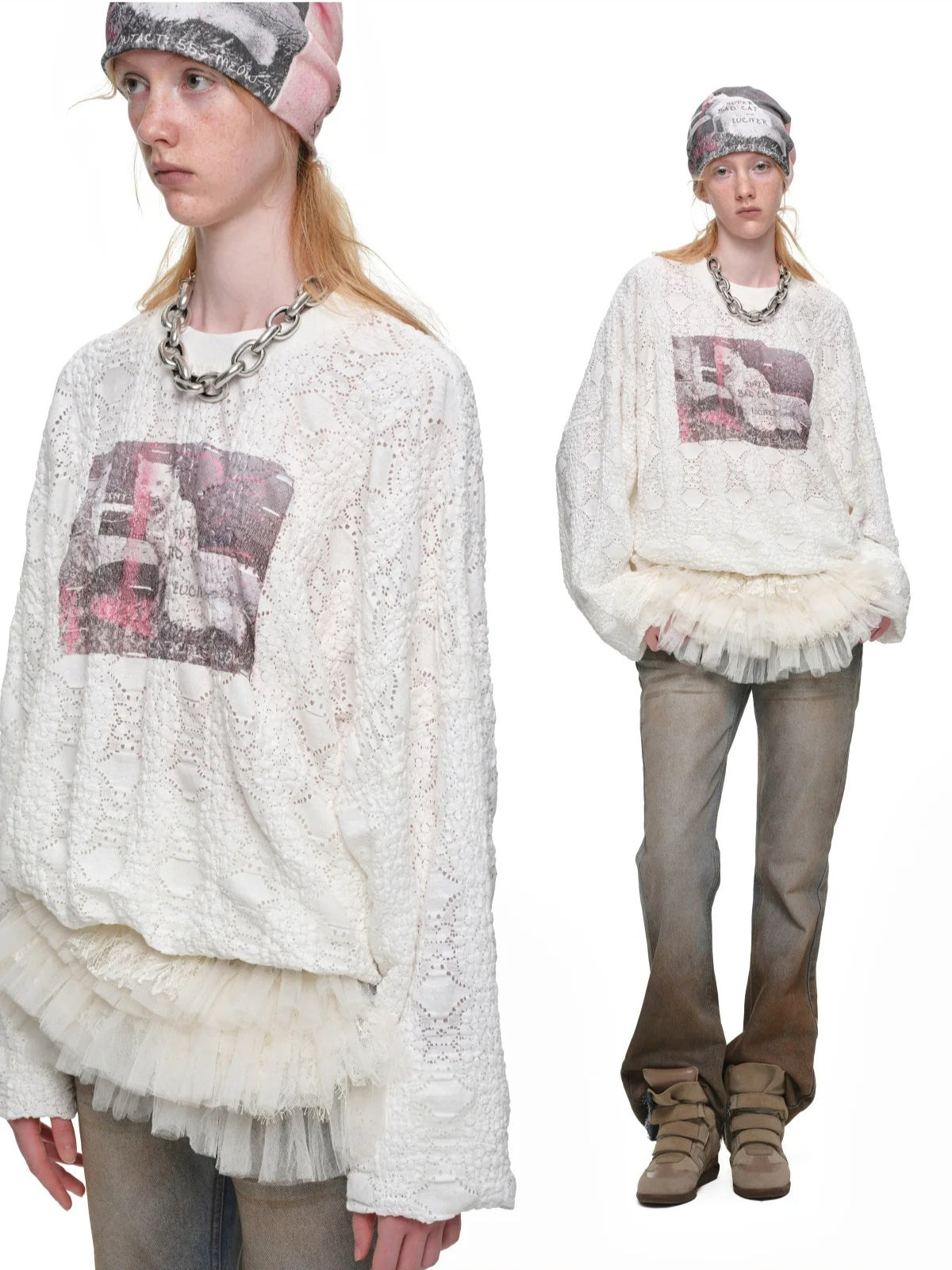 Cat Print Lace Balloon Sweatshirt