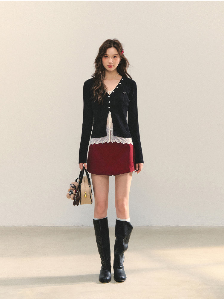 Lace Tie Fake Two-Piece Knitted Cardigan