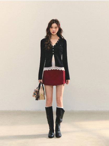 Lace Tie Fake Two-Piece Knitted Cardigan