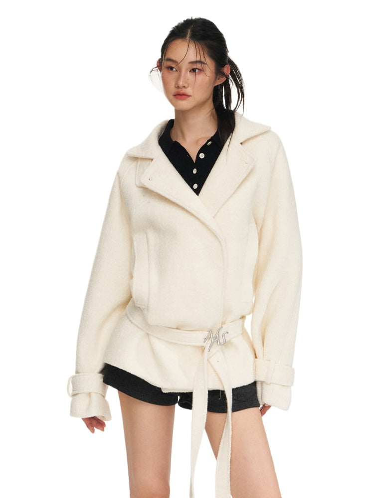 Cream &amp; Black Wool Blend Loose Lapel Jacket