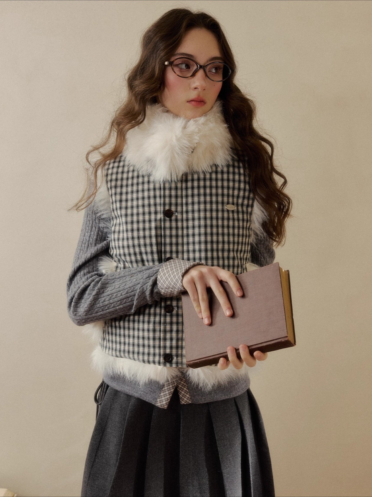 Polka-Check Reversible Faux-Fur Vest