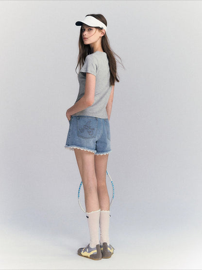 Lace Trim Denim Shorts