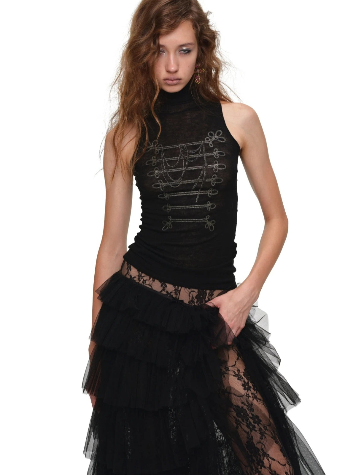 Tiered Lace Slit Midi Skirt