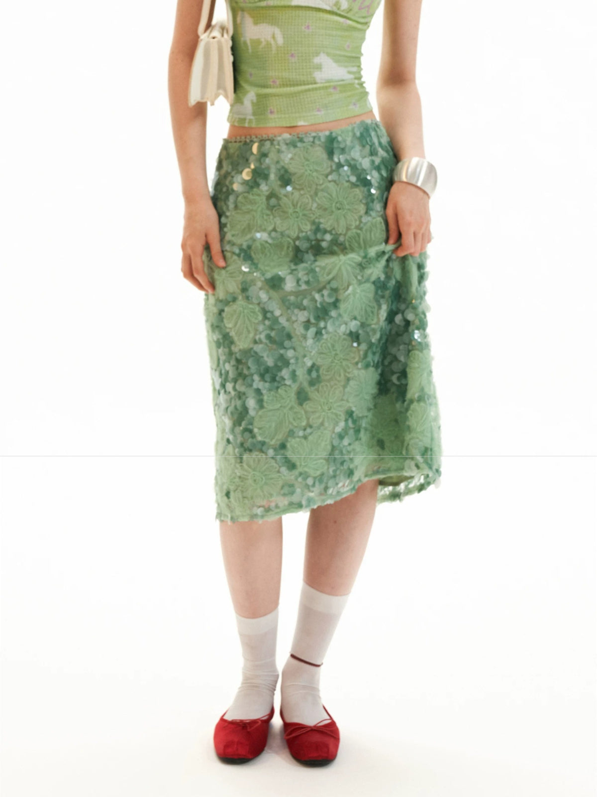 Mint Sequin Embroidered Midi Skirt
