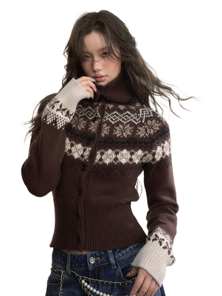 Fair Isle Heavy-Duty Knit Turtleneck Cardigan