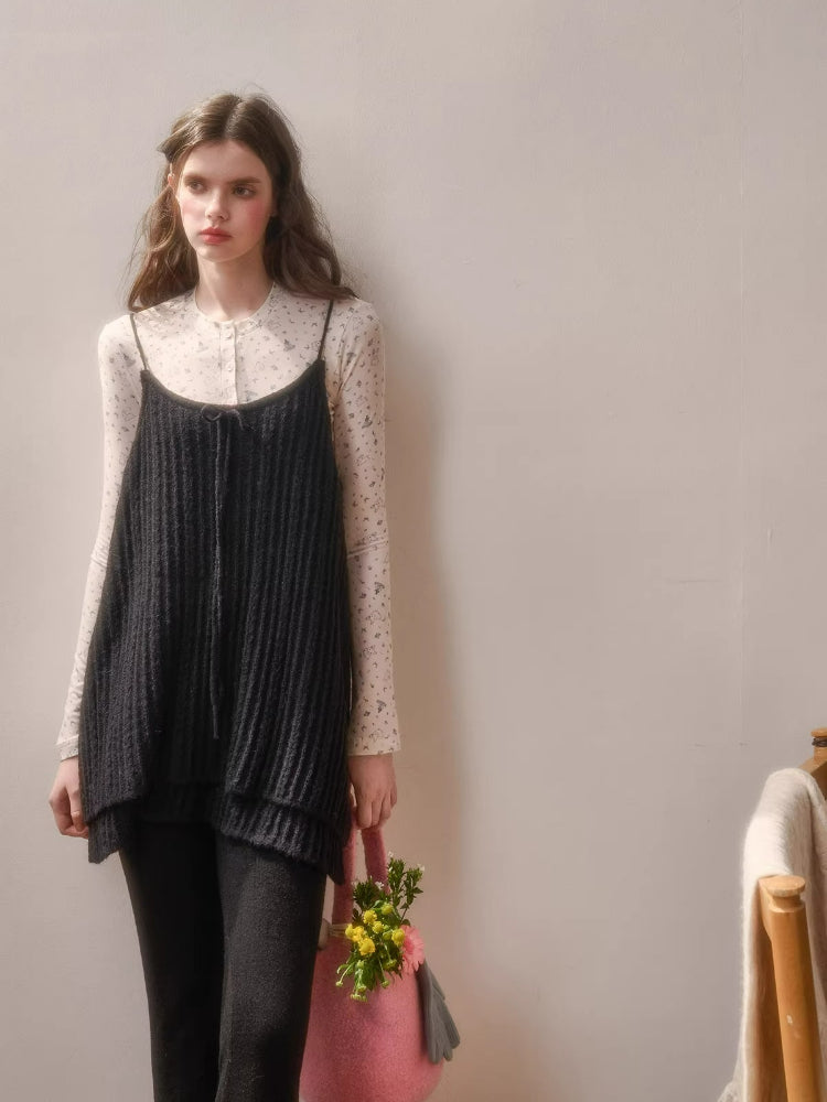 Bow Strap Knit Cami Lace &amp; Pants Set