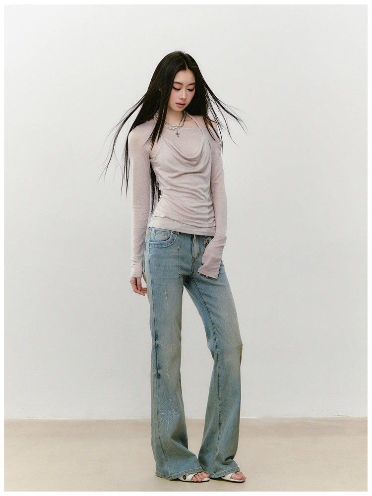 Fake Two-Piece Knit Long-Sleeve Blouse