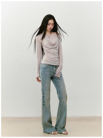 Fake Two-Piece Knit Long-Sleeve Blouse
