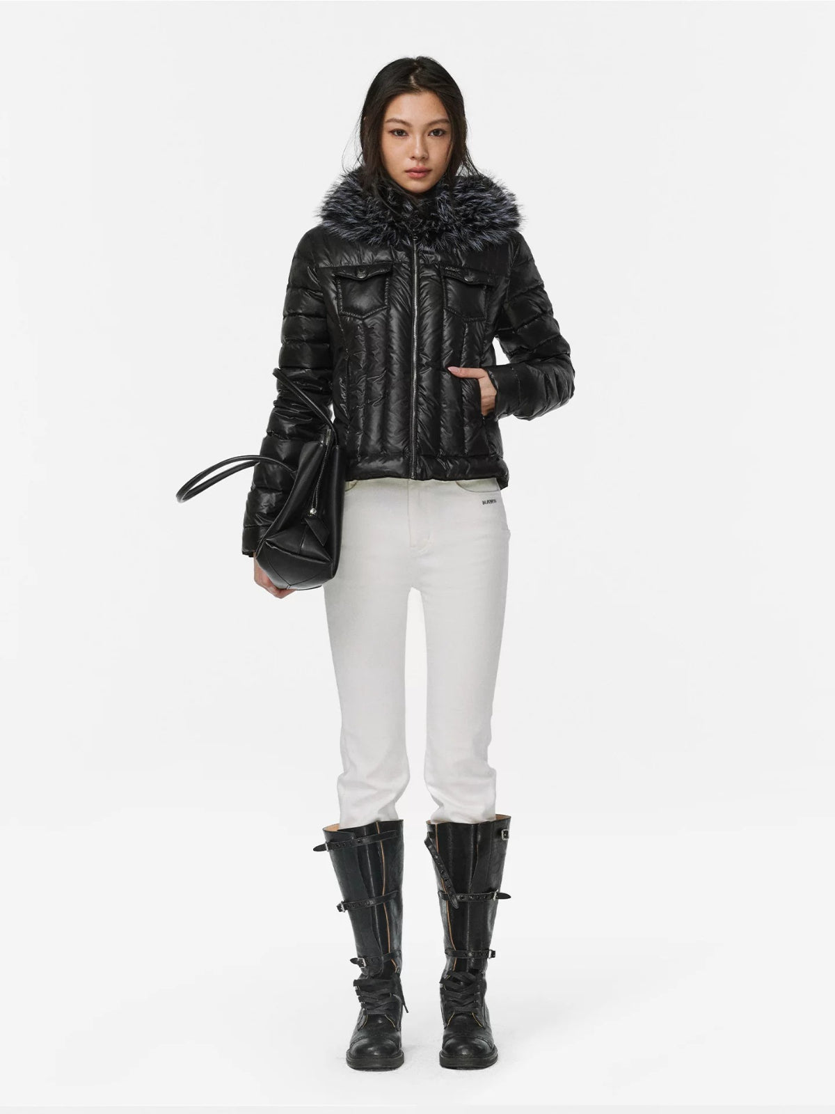 Denim Trim Fur-Collar Down Jacket