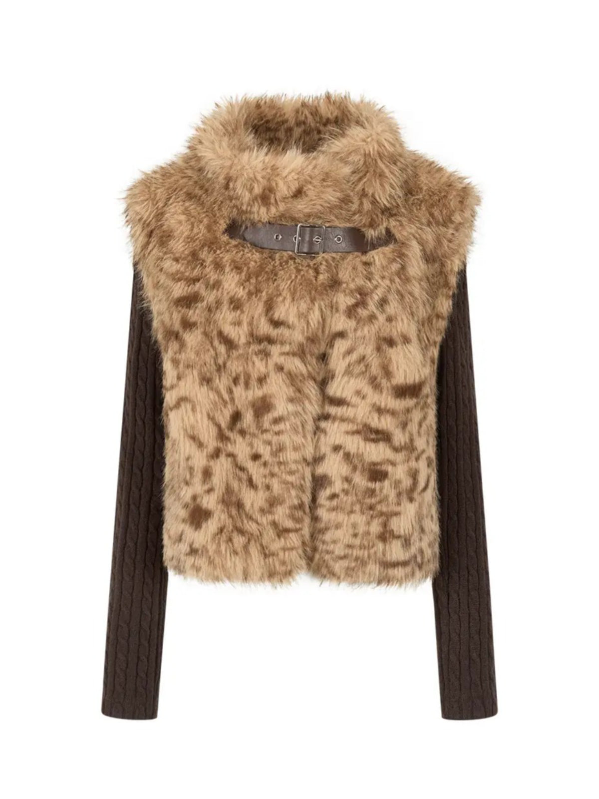 Leopard Faux Fur Sleeve Vest Jacket