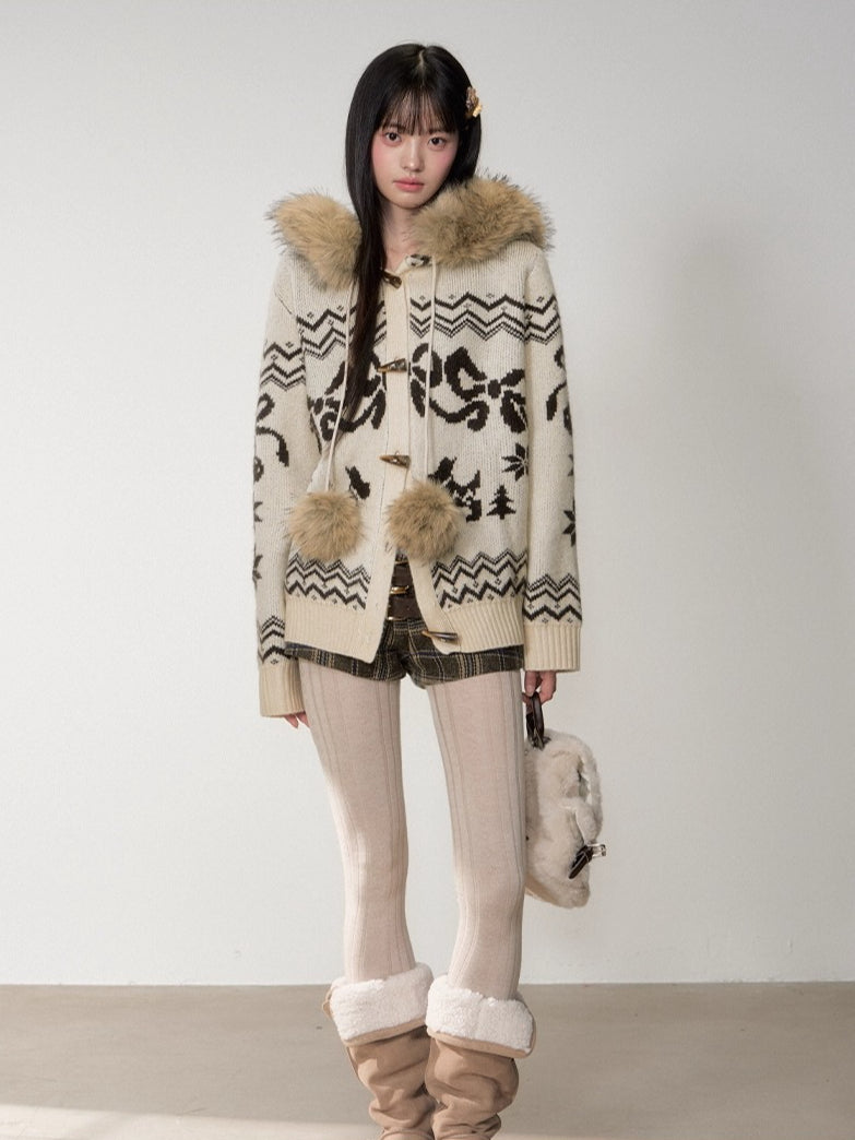 Fair Isle Fur Collar Toggle Knit Coat