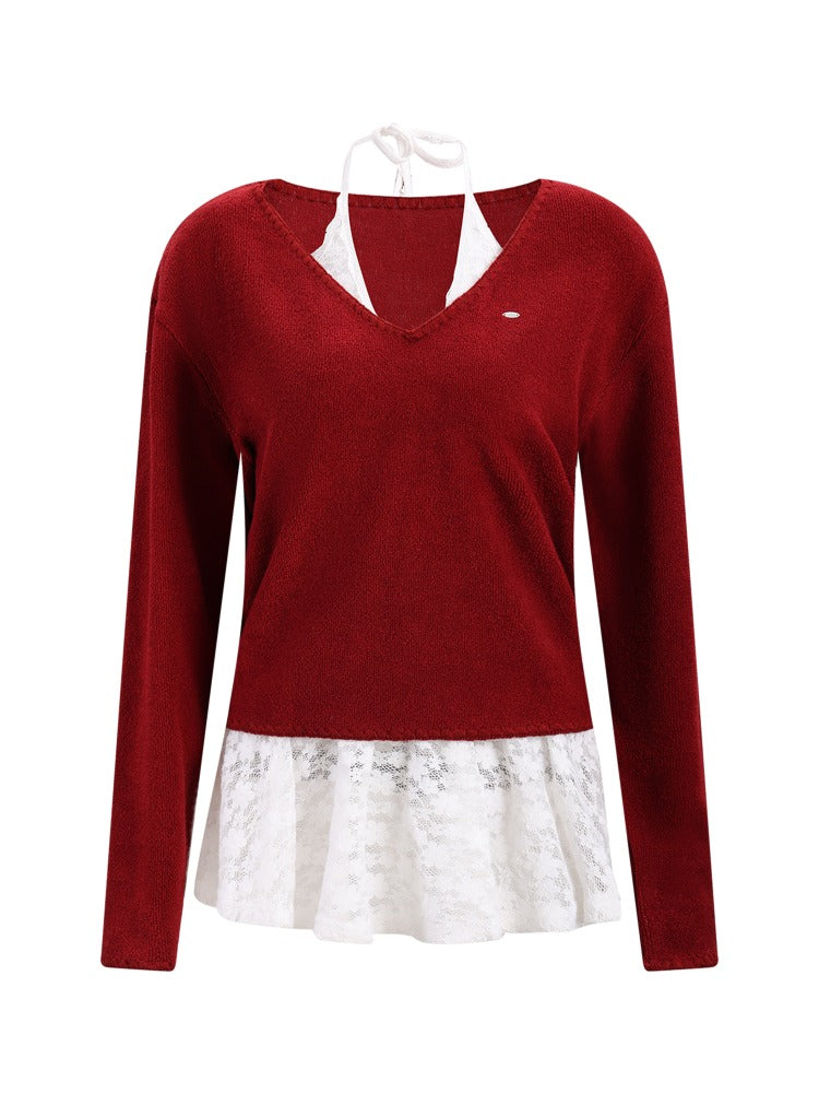 Red Lace Halter Knit 2-piece Set