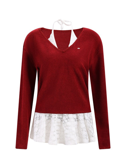 Red Lace Halter Knit 2-piece Set