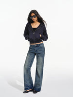 Wheat Embroidered Cropped Zip Hoodie