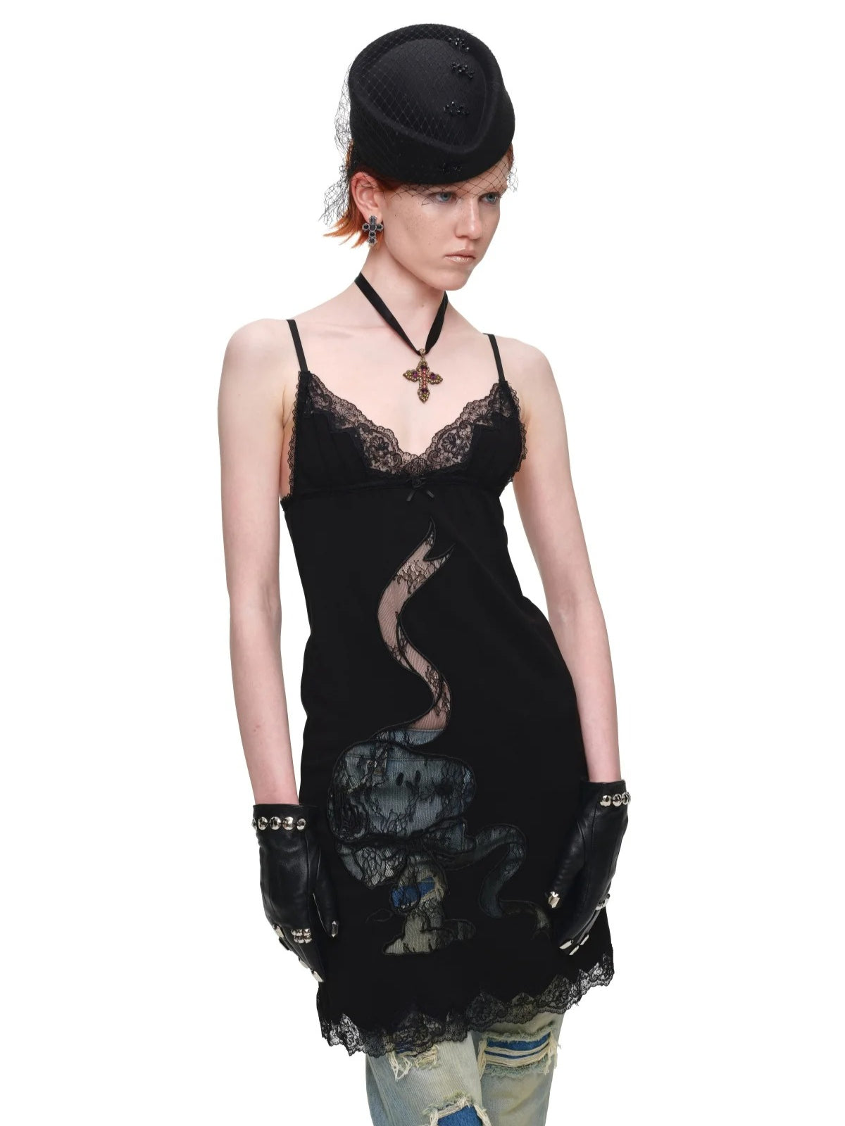 Black Lace Patch Knit Dress
