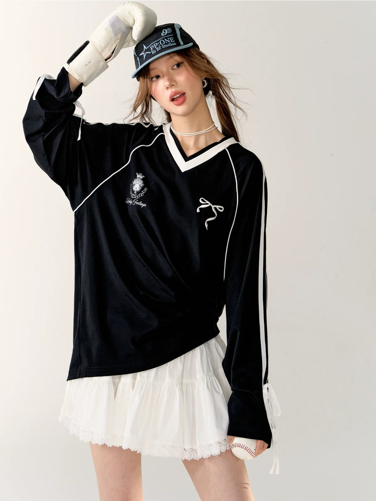 Contrast Bow Long Sleeve Tee
