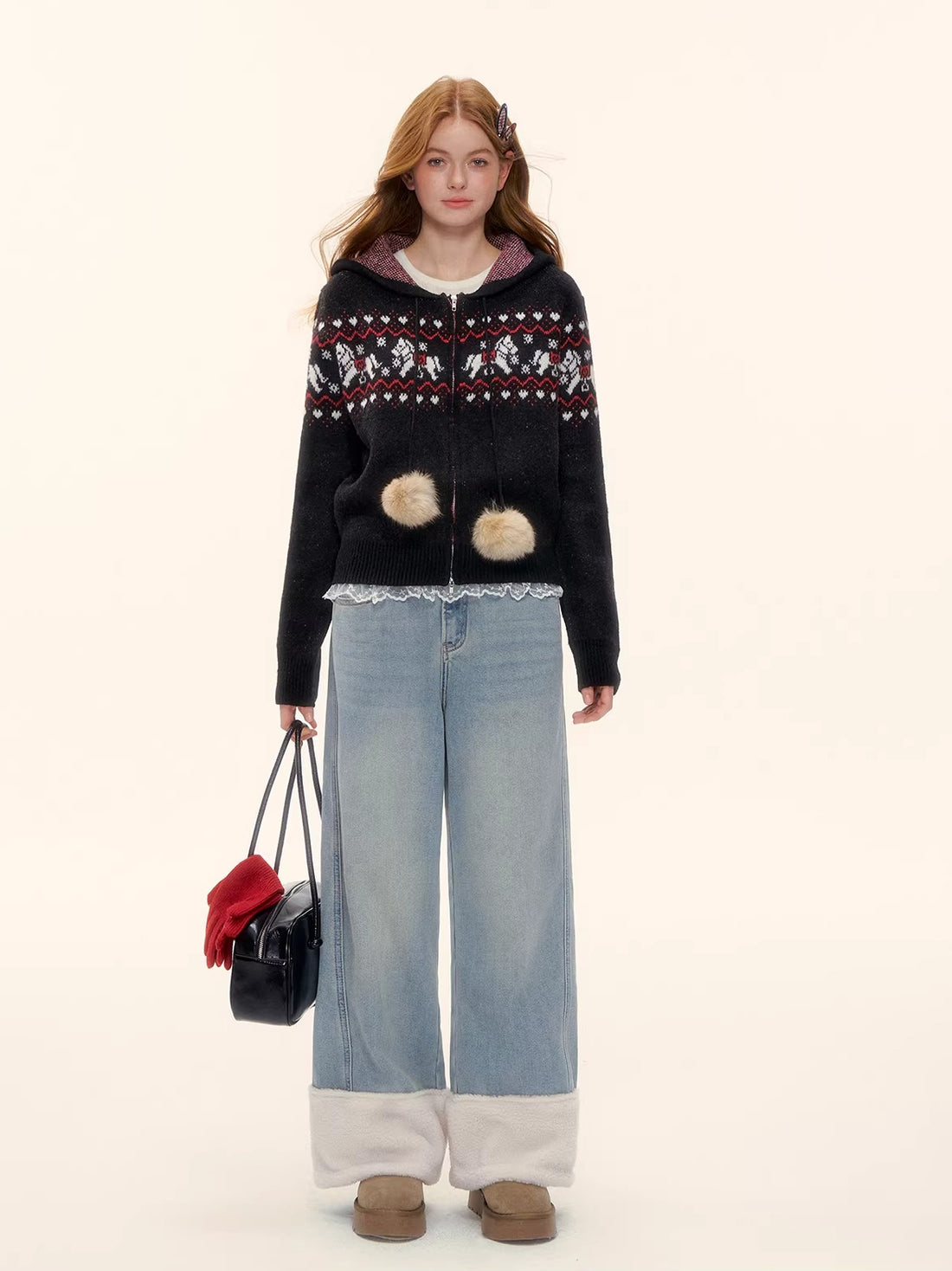 Blue Shearling-Trim Straight-Leg Denim Pants