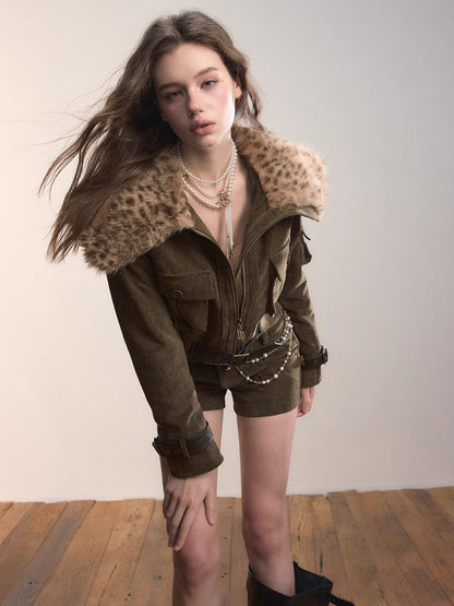 Leopard Print Oversized Fur Collar Thickened Coat