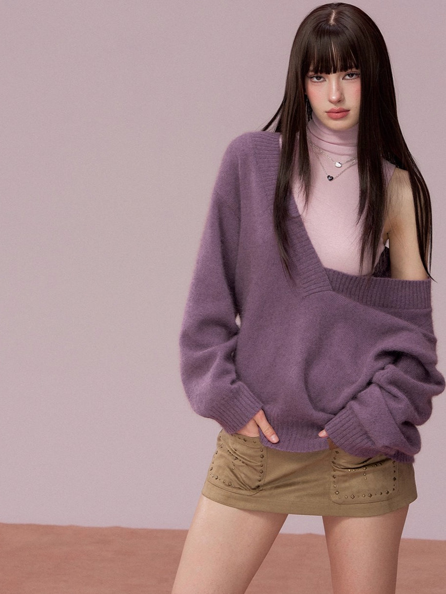 V-Neck Ribbed Knit Sweater