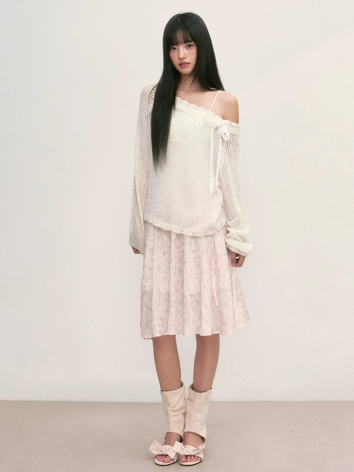 White Lace Knit Blouse &amp; Skirt Set