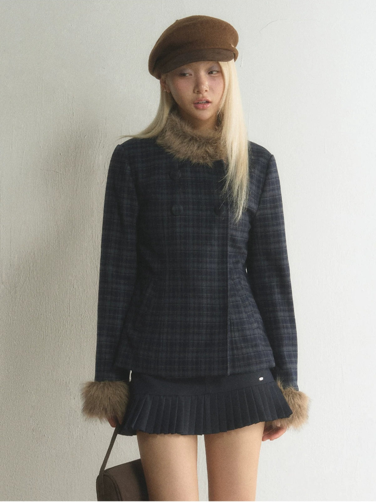 Plaid Fur-Trimmed Double-Breasted Jacket