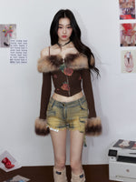 Low-Waisted Studded Bodycon Cargo Denim Shorts