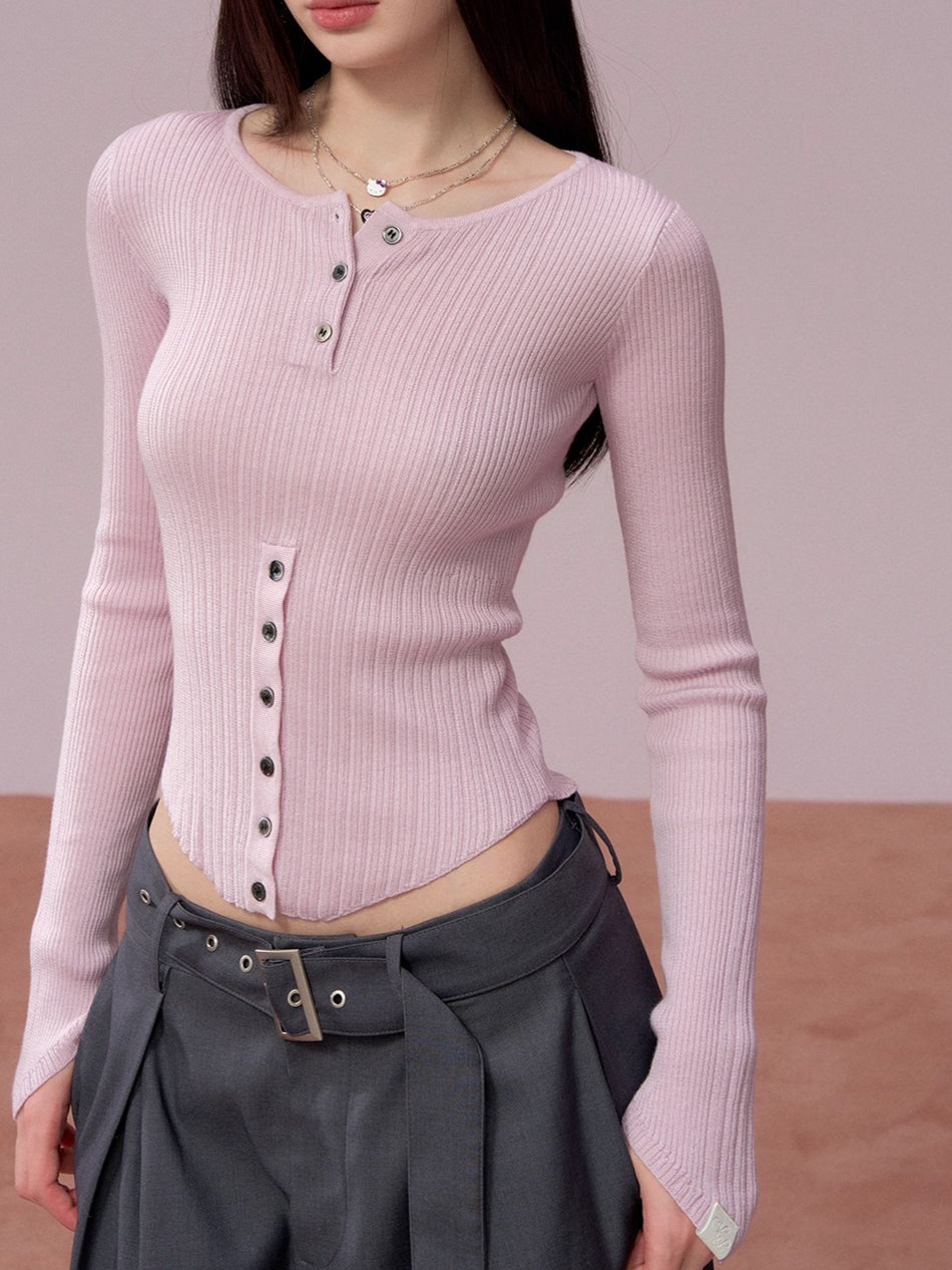 Ribbed Button Waist Knit T-shirt