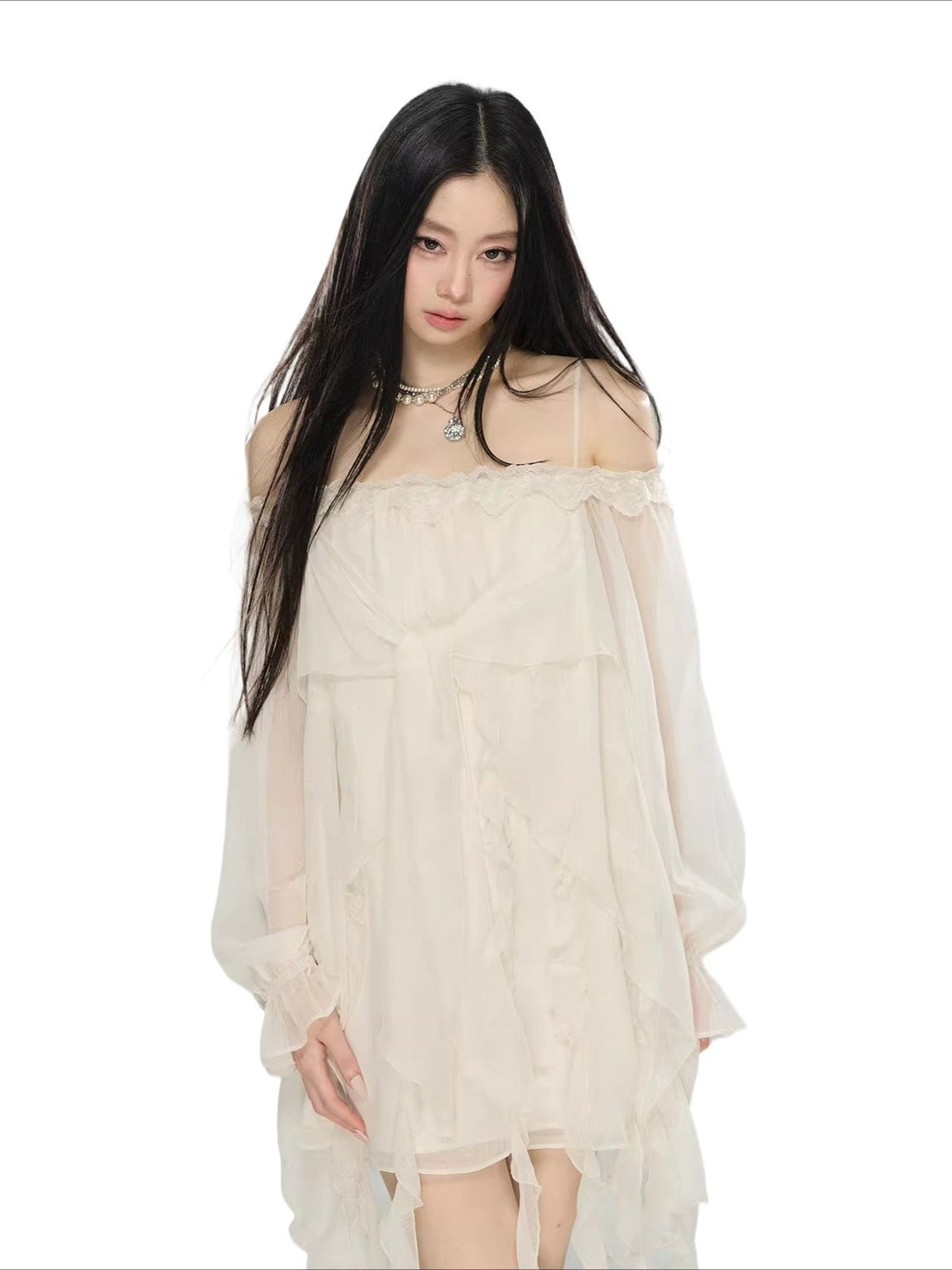 Beige Lace Off-Shoulder Dress