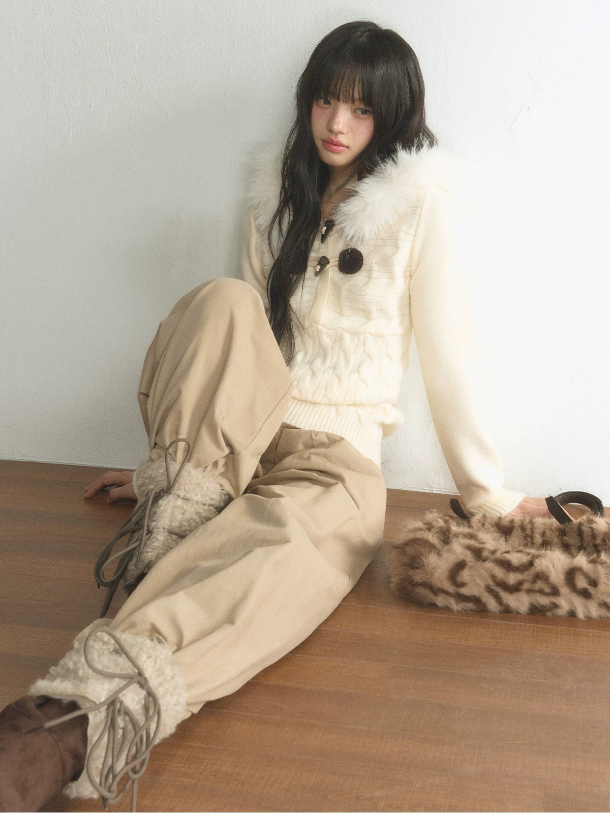 Fur-Trimmed Hooded Toggle Cable-Knit Sweater