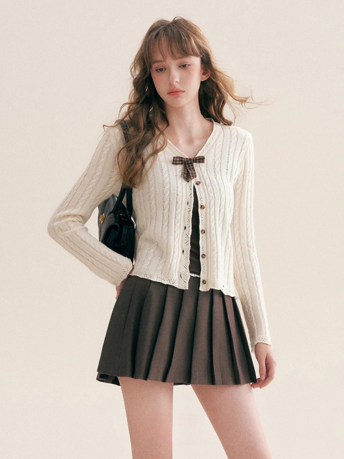 Plaid Bow Knit Cardigan
