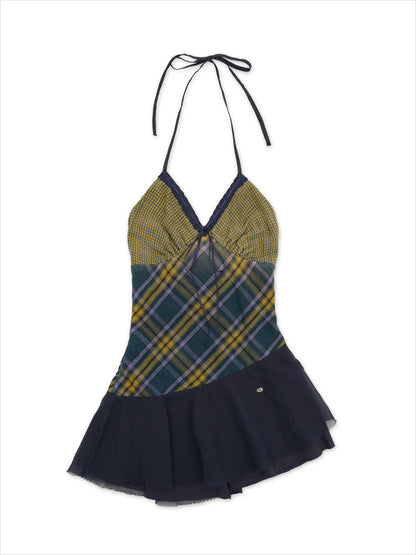 Vintage Double-Layer Cotton Plaid Cami Dress